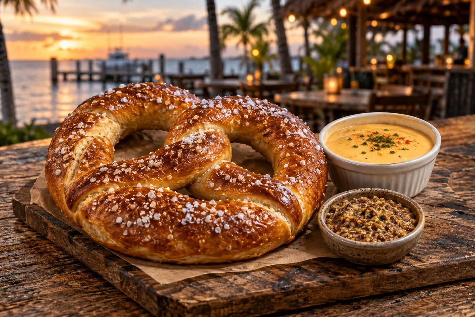 Golden soft pretzel with beer cheese and grain mustard