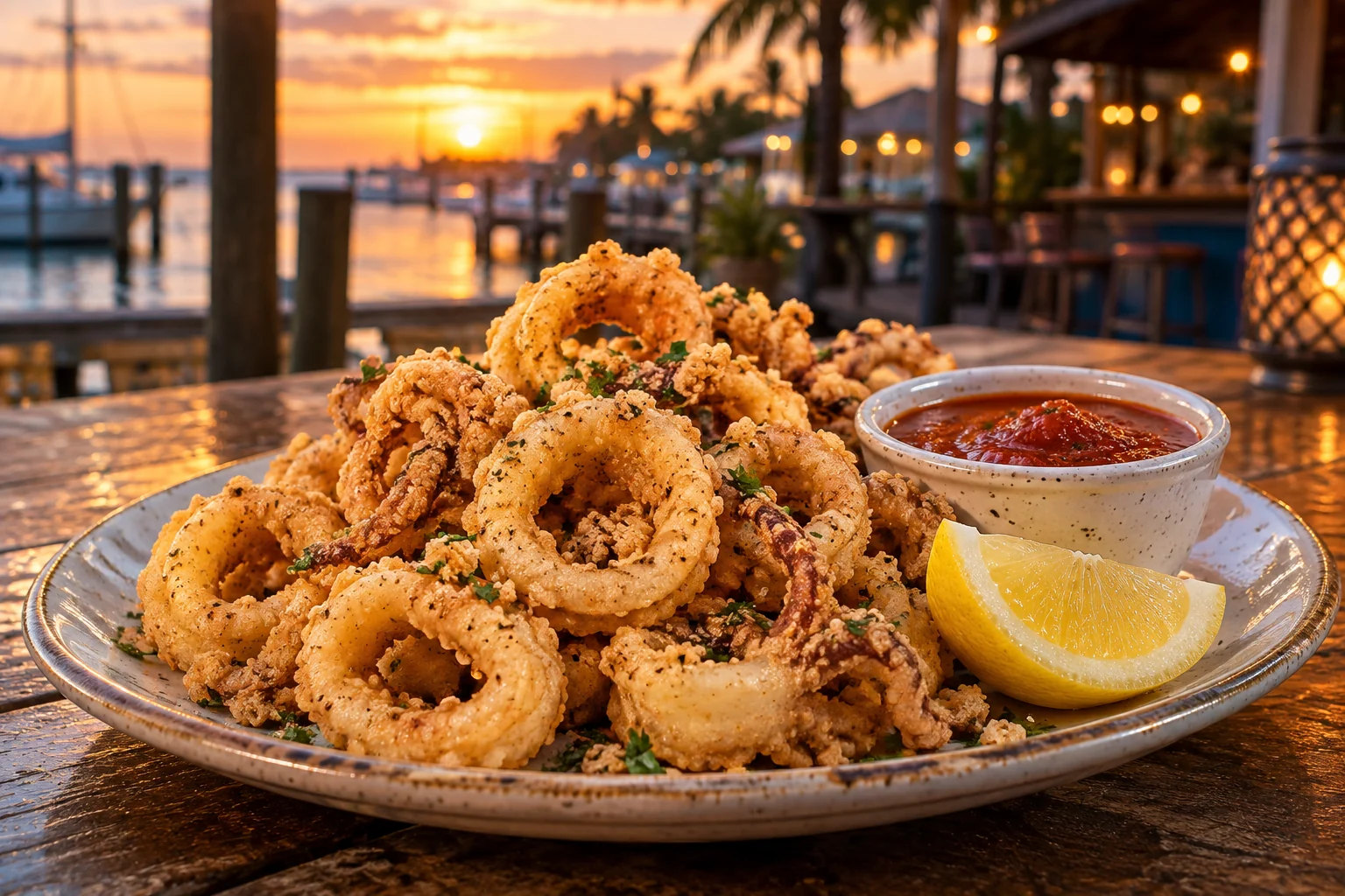 Crispy calamari rings with lemon and marinara sauce