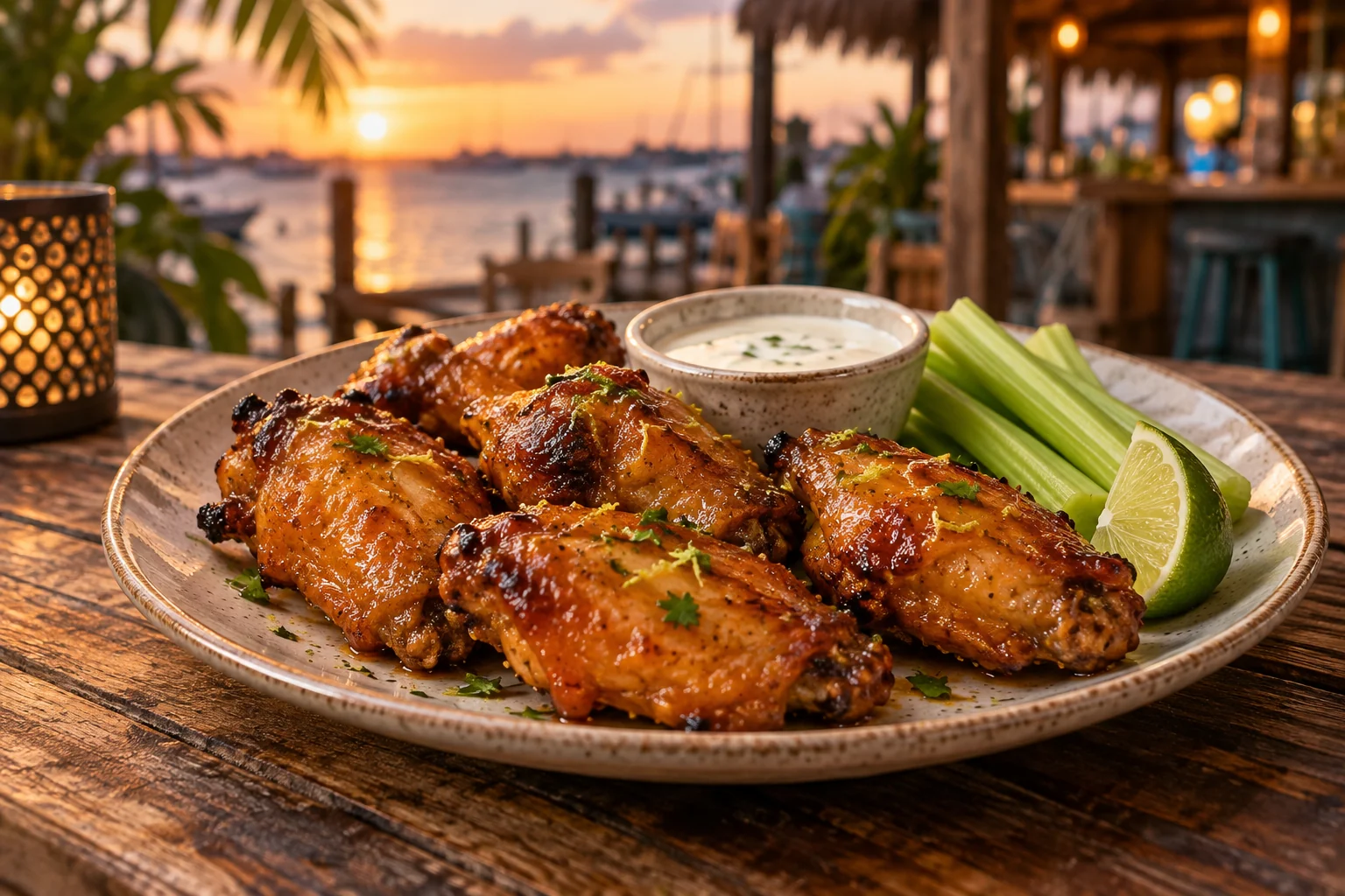 Glazed chicken wings with ranch, celery, and lime