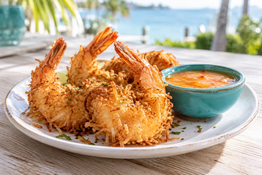 Golden coconut shrimp with orange dipping sauce