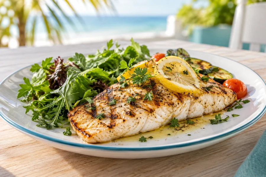 Grilled white fish with lemon, herbs and greens