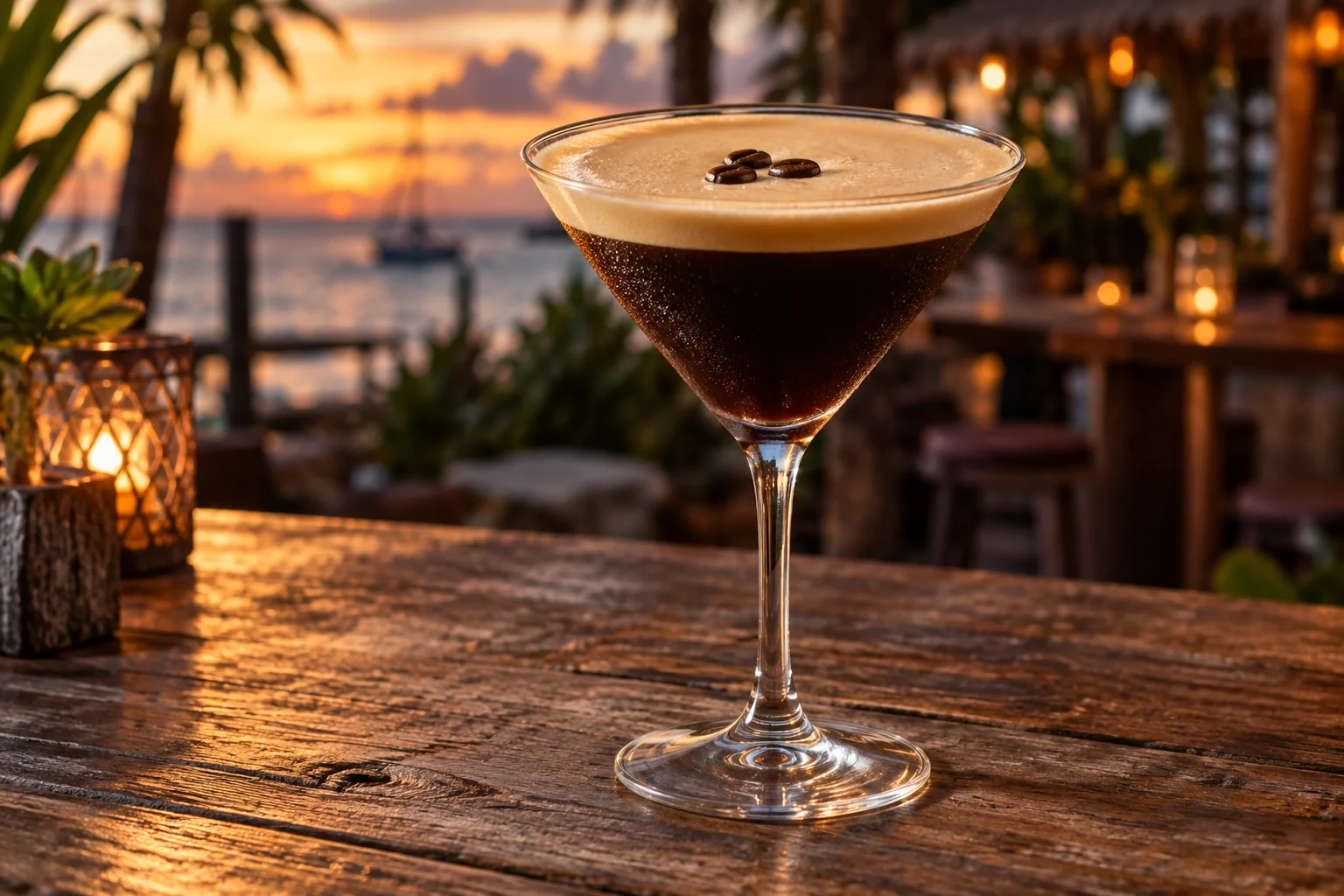 Espresso martini with a smooth foam top and three coffee beans