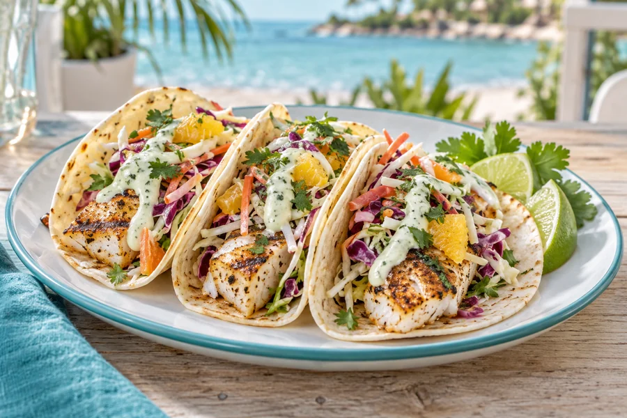 Fish tacos with fresh slaw and lime