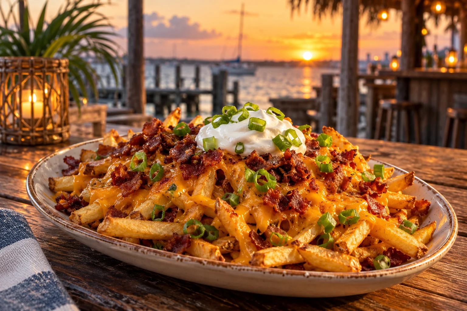 Fries topped with cheddar, bacon, scallions, and sour cream