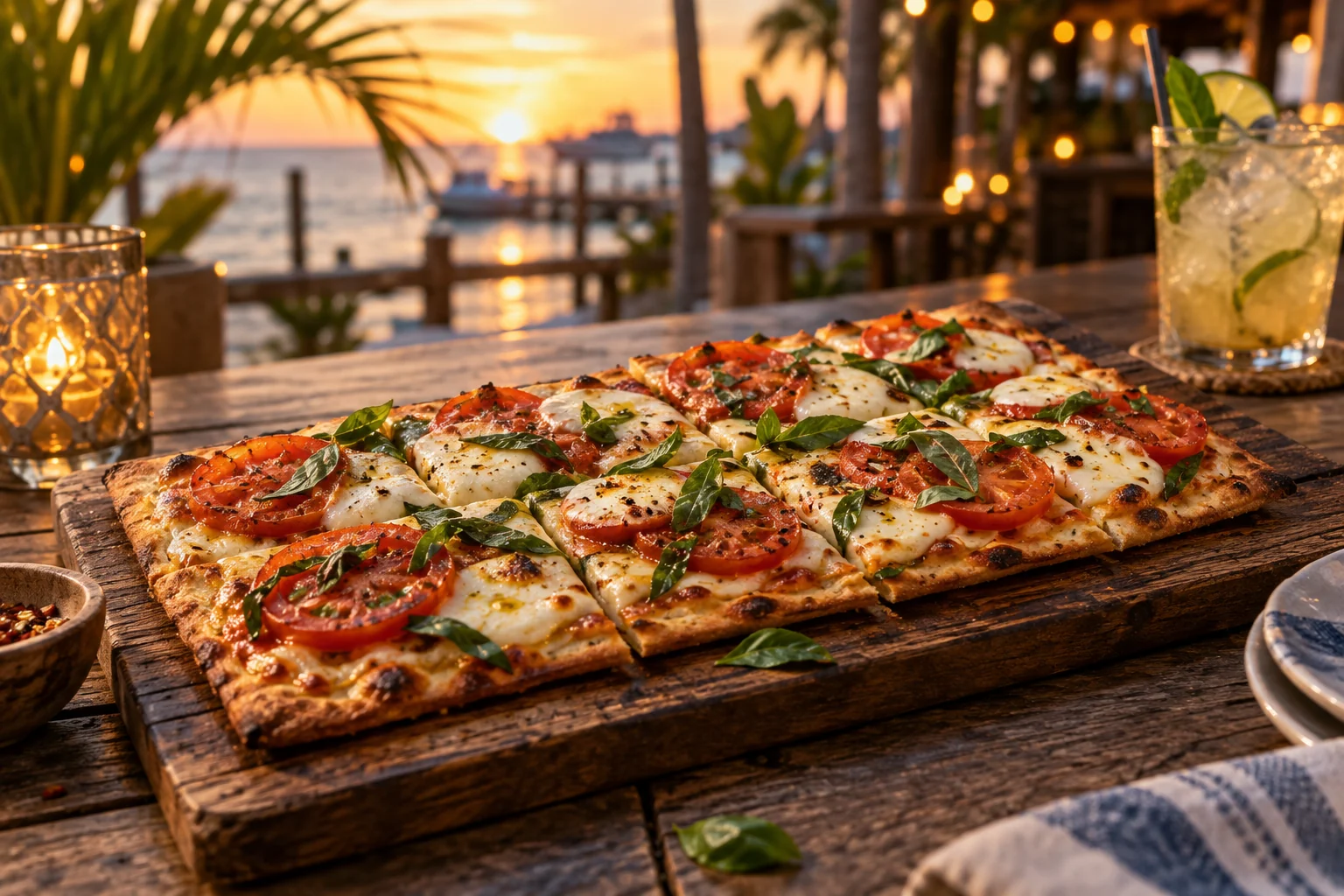 Sliced tomato mozzarella basil flatbread