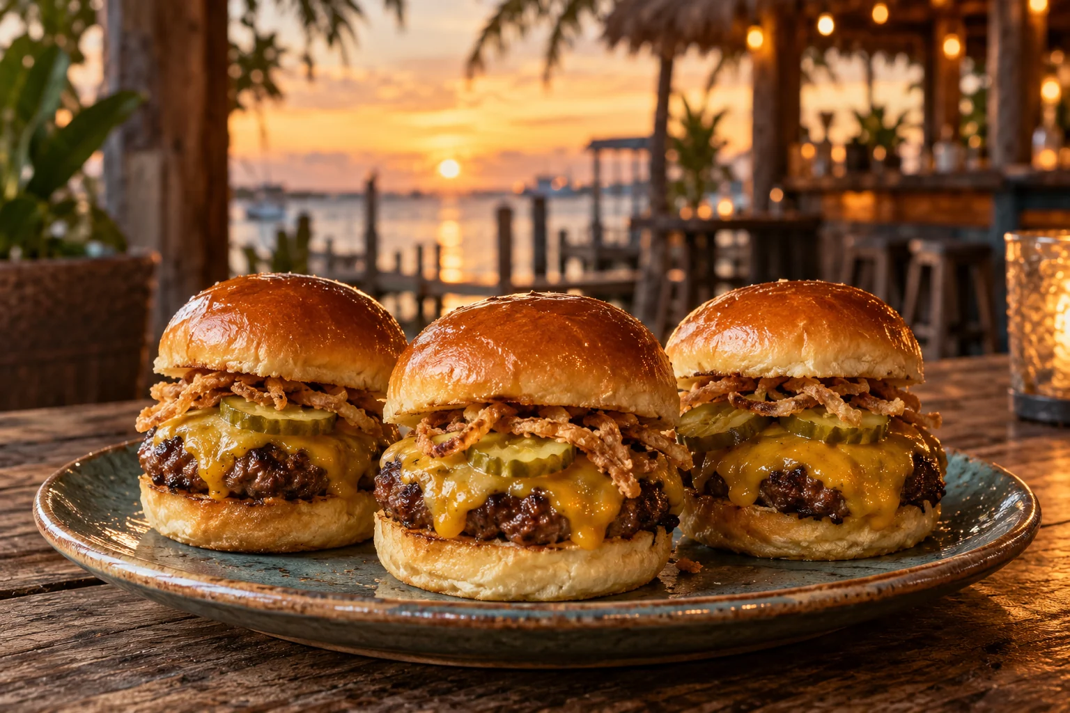 Three cheeseburger sliders with pickles and crispy onions