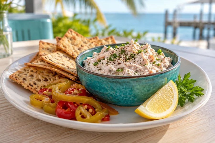Smoked fish dip with crackers, pickled peppers and lemon