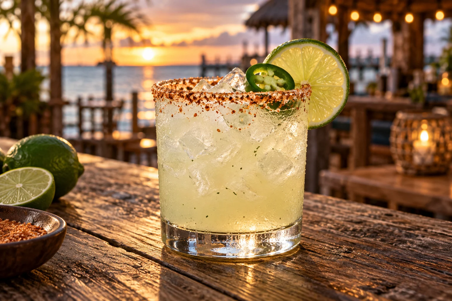 Lime margarita with a chili-salt rim, jalapeño, and lime
