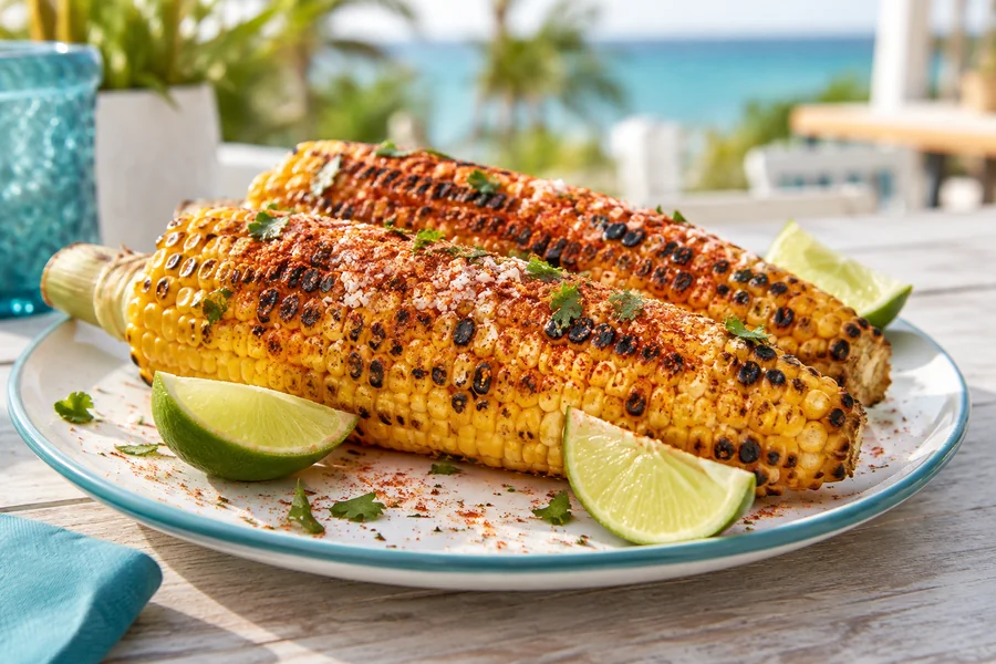 Charred corn with lime and a dusting of chili