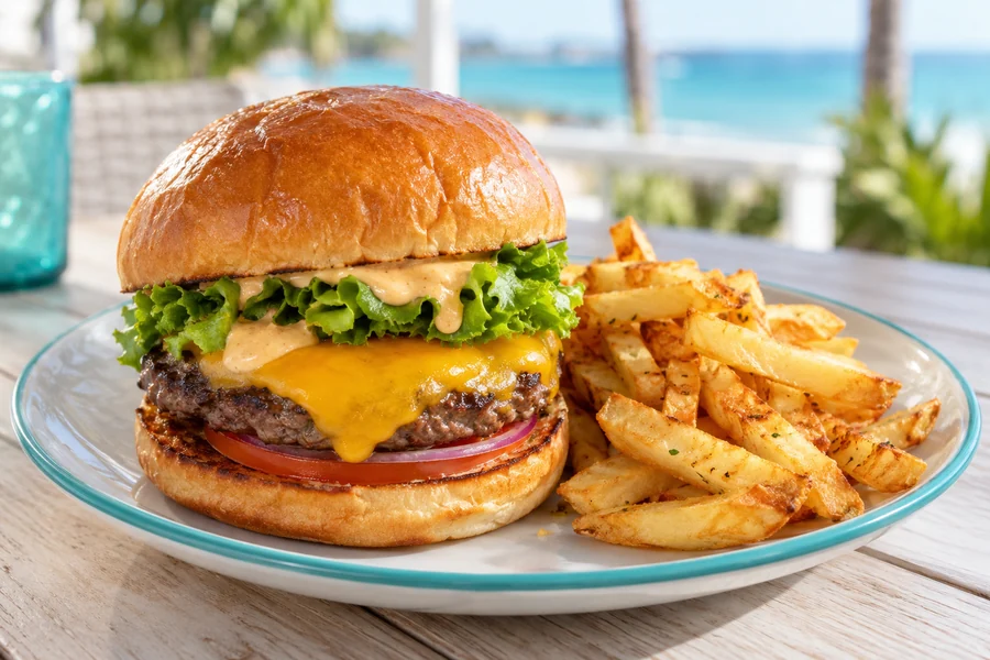 Cheddar cheeseburger with lettuce and fries