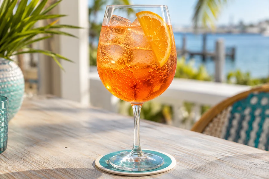Orange spritz with bubbles, ice and an orange slice